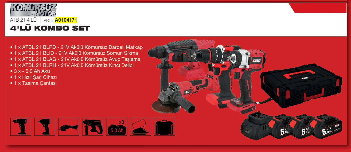 ATTLAS ATB 21 4LÜ KÖMÜRSÜZ KOMBO SET (MATKAP - TASLAMA - KIRICI DELICI - SOMUN SIKMA)